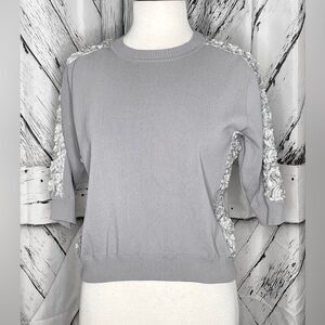 GRACIA Gray Crewneck Sweater Top Mesh & Flower Trim Size M